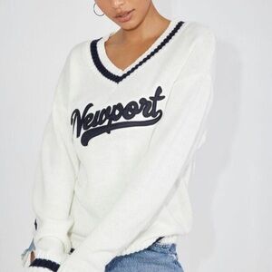 Garage Sz S Academia Varsity Preppy Newport Retro Logo Knit White Sweater